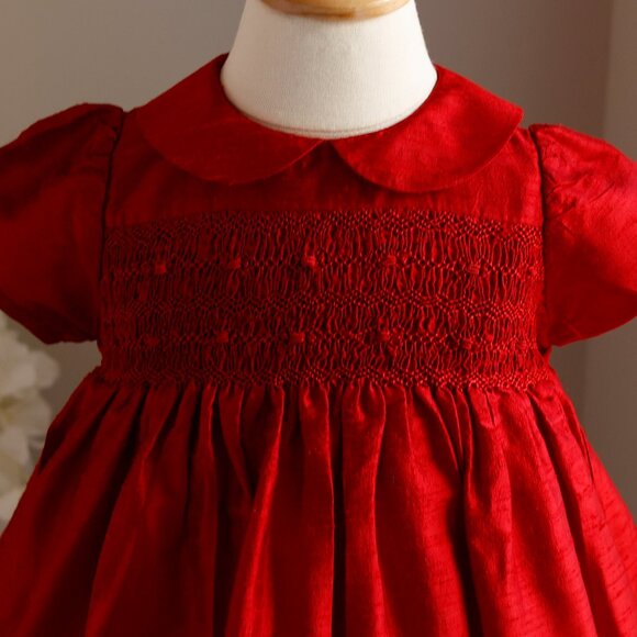 Red Smocked Silk Dress Matching Bloomer Portrait Special Occasion 24 Month NWOT - Picture 3 of 6